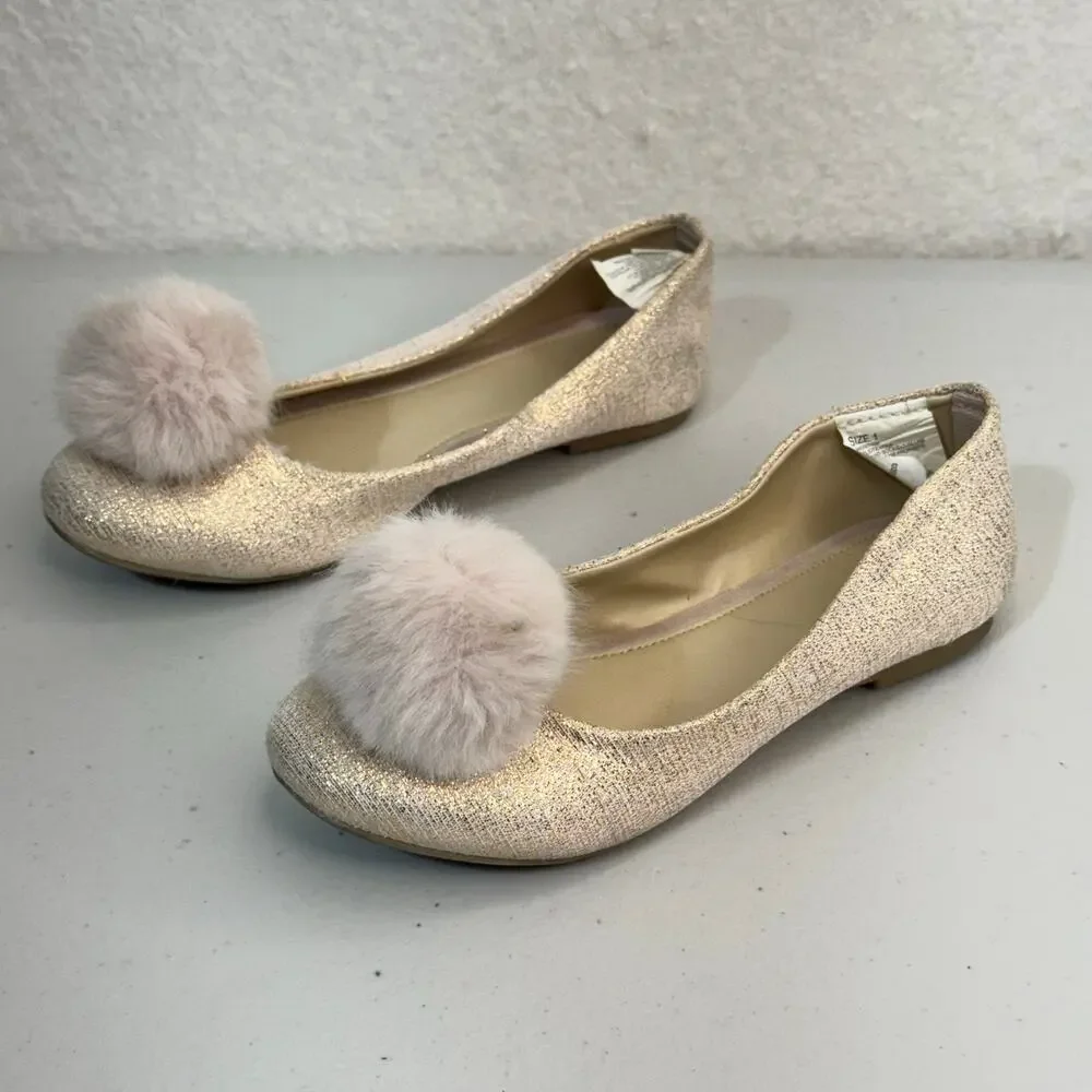 Gymboree Metallic Rose Gold Pink Ballet Flats Fluff Pom-Poms Size 1 Spring Dress